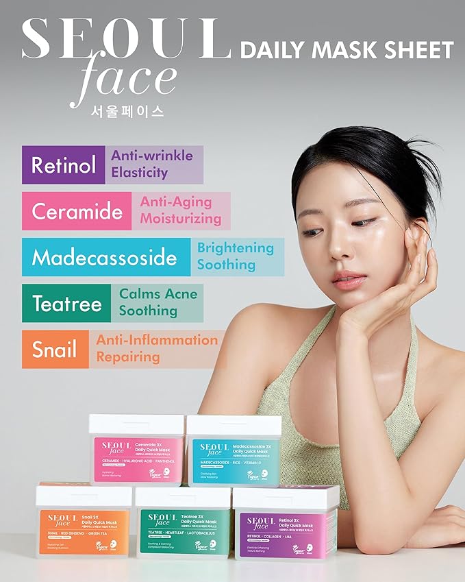 DERMAL Seoul Face Madecassoside 3X Daily Quick Mask 36 Sheet – Korean Skincare Vegan Tencel Facial Masks - Improving Dark Spots, Soften Skin Mask Sheets with Rice, Vitamin C, Panthenol