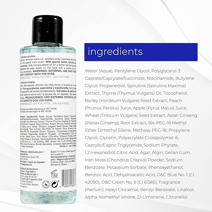 LULLAGE Micellar Water Makeup Remover – Cleanser with Niacinamide, Spirulina & Glacier Water Solution for All Skin Types | Removes Waterproof Makeup | 6.8 Fl Oz