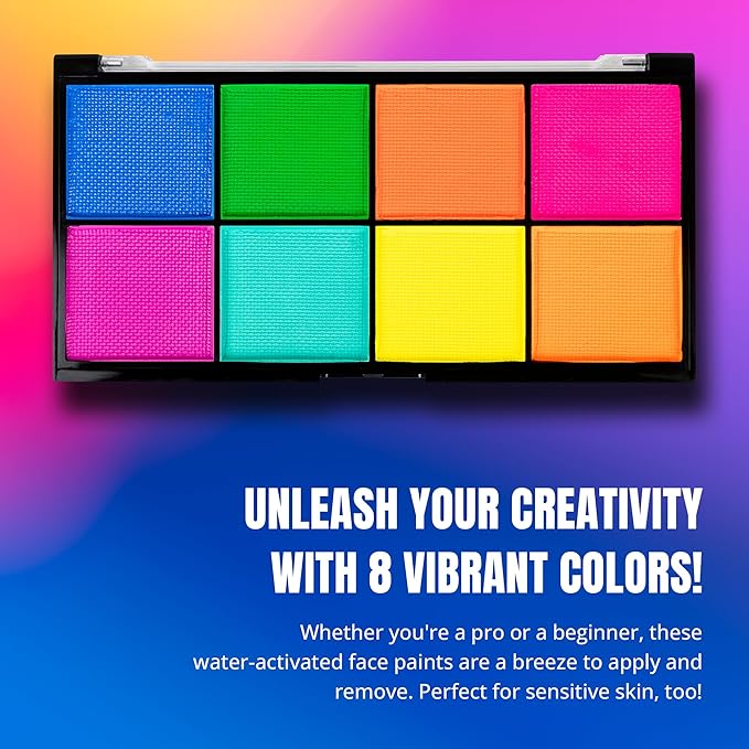 Professional Face Painting Kit - Skin Friendly Face Paint Kit - Cruelty-Free & Vegan Water Based Face Paint Makeup for Theatre, SFX and Halloween- 8 Colors 5g Each - Splashes & Spills (Neon Colors)