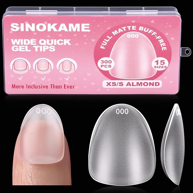 Extra Short Wide Fit Almond Nail Tips for Short Wider Nail Beds,SINOKAME Full Matte No File XS Almond Gel Press On Nails Clear,Paintable Fake Nails Durable 15 Sizes 300 Pcs