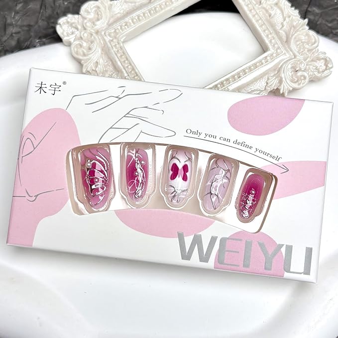 30Pcs Silver Butterfly Press on Nails Medium Almond Fake Nails with 3D Pearl Design Rose Red Gradient Bow Gilded Metal False Nails Y2K Style Full Cover Acrylic Stick on Nails for Manicure DIY