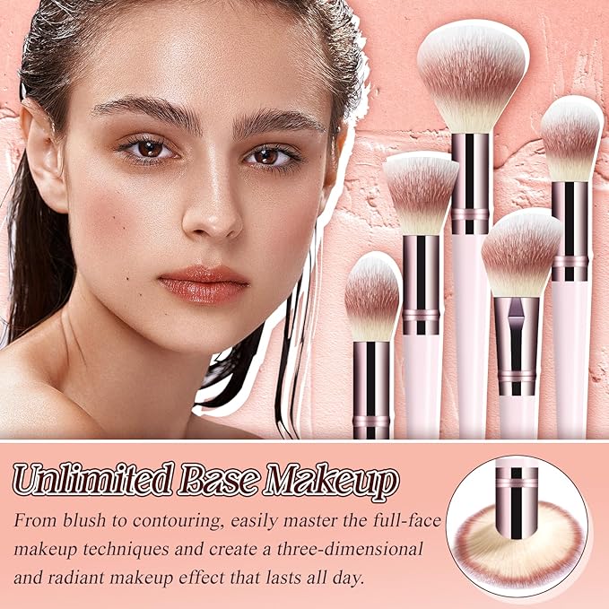 Makeup Brush Set, Premium Synthetic 10 PCS Makeup Brushes, Travel Makeup Brush Set with Soft Hairs, Makeup Brushes Set Professional for Blush, Eyeliner, Eyeshadow, Concealer, and Foundation (Pink)