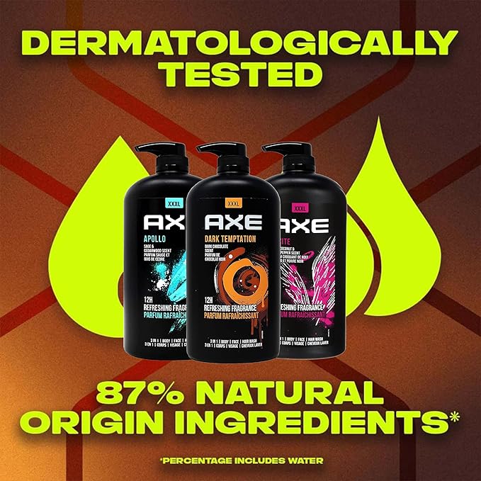 Axe Men's Body Wash Variety Set, Set of 3 Scents, Axe Dark Temptation, Apollo and Excite Body Wash, 3in1 Body and Face Wash in Pump Bottle, 33.8 Ounce Each