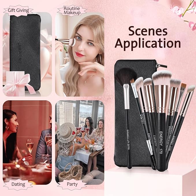 ENERGY Makeup Brush Set - 8PCS Professional Makeup Brushes for Foundation, Concealer, Eyeshadow, Blending, Contour, Powder, Eyeliner, Vegan Synthetic Fiber, Portable Travel Kit with Case (Black)