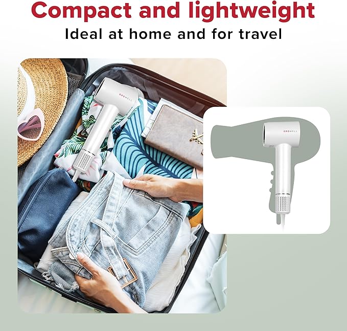 GroWell Ionic Hair Dryer, High-Speed Brushless Motor Professional Blow Dryer for Fast Drying, Low Noise, Lightweight, Compact Hair-Dryer with Diffuser for Curly Hair