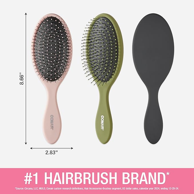 Conair Detangling Hair Brush 3PK - For wet and dry hair - curly hair brush - hair brushes for women - detangler brush - hair brushes for women - Evergreen, Blush Pink, Black Assorted (Pack of 8)