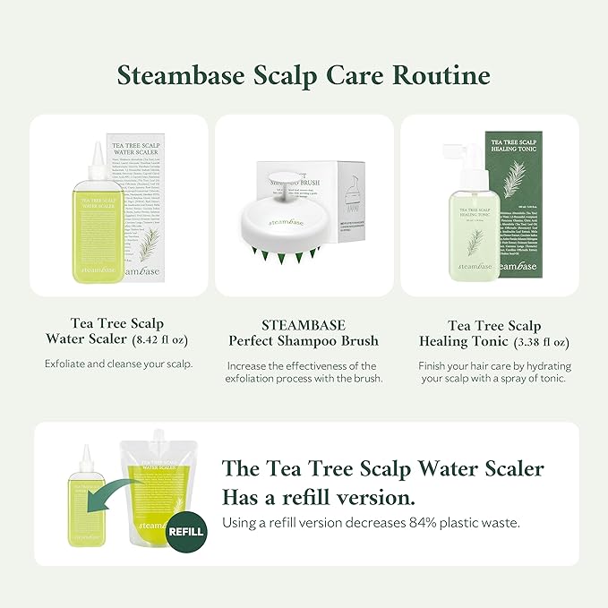 STEAMBASE Tea Tree Scalp Water Scaler | Exfoliator for Itchy Dry Flaky Scalp, Buildup Remover, Treatment for Excess Sebum Oily Greasy Hair | Korean Hair Care Products, Refill 16.9 fl oz