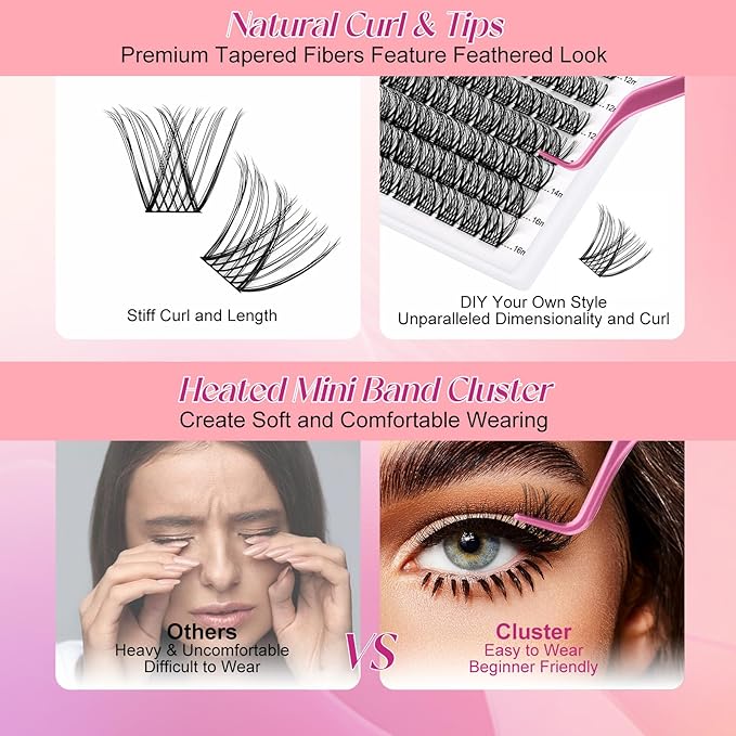 Lash Clusters DIY Eyelash Extensions 120 Clusters Lashes D Curl 0.07 Natural Individual Lash Extensions Mixed Tray False Eyelashes Soft & Strong Thin Band DIY at Home (F30-0.07D, 8-16mm)