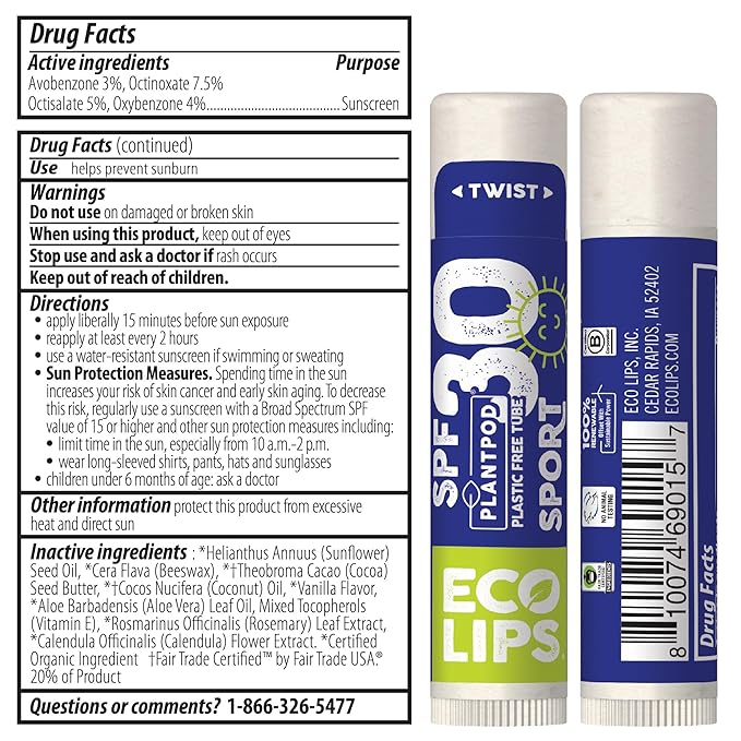 Eco Lips Broad Spectrum SPF Sun Protection Lip Balm 3-Pack with Carabiner Eco Clip (Berry, Vanilla, Mint) With Cocoa Butter & Aloe to Moisturize Lips | Made in USA