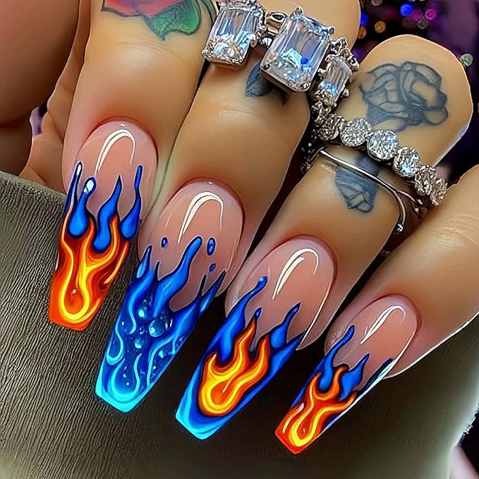 Hot Girls Press on Nails Long Length Coffin Shape with Fire Design Fake Nails for Prom and Party