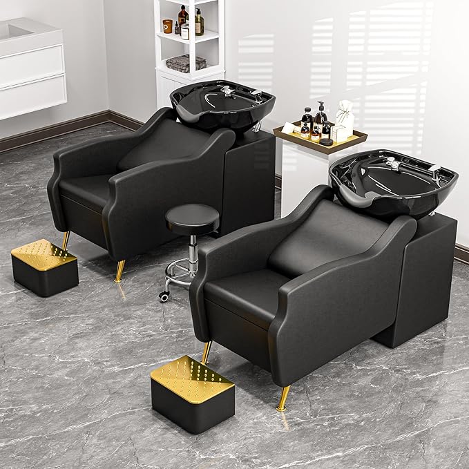 Paddie Shampoo Chair and Bowl for Salon, Backwash Shampoo Station Sink with Ceramic Bowl and Foot Stool, Barbershop Spa Equipment
