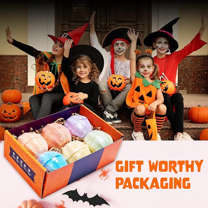 Halloween Bath Bomb for Kids with Surprise Toys Inside (6 Pack) - Large Pumpkin Spooky Bombs for Boys & Girls – Made in USA, Boo Basket Stuffers for Teens by Two Sisters
