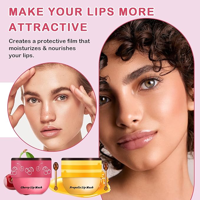 2PCS Bee Lip Balm Honey Pot Cherry Honey Sleeping Lip Mask Silky Hydrating Bee Lip Balm Honey Lip Mask Overnight Lip Care Products(Honey+Cherry)