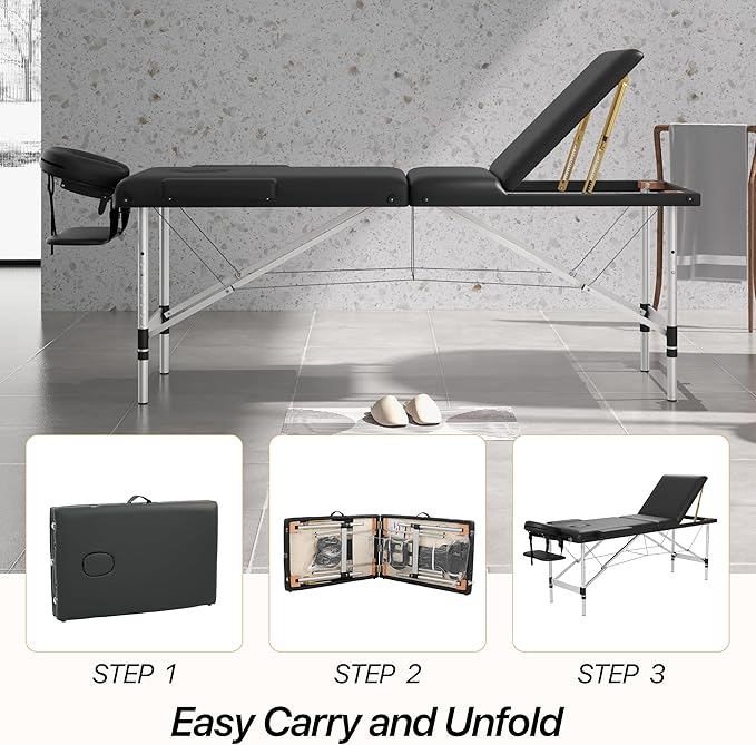 Massage Table Massage Bed, Portable 3 Section Foldable Tattoo Bed, Height Adjustable Lash Spa Bed with Face Cradle, Home Light Weight Facial Salon Bed with Aluminum Frame, Black