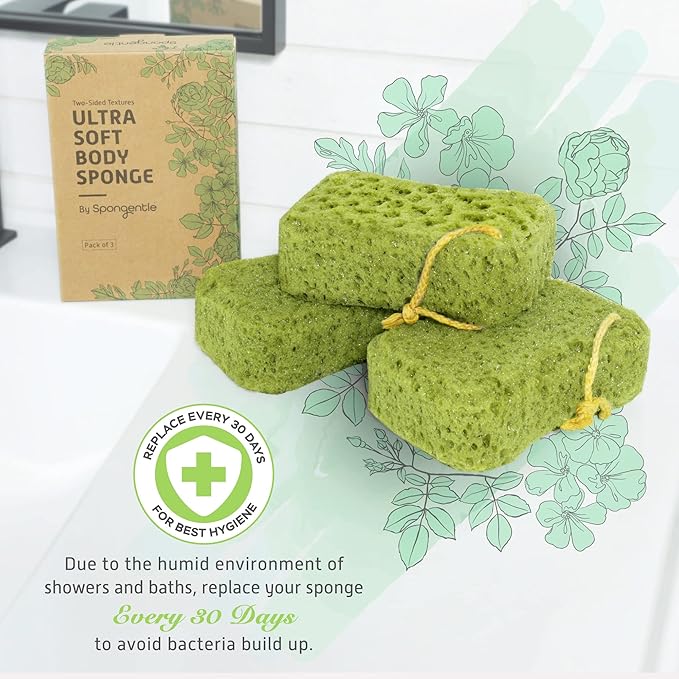 Spongentle Deep Cleansing Dual Texture Body Loofah Sponge, Vacuum Sealed, for Bath and Shower, for Gentle and Deep Exfoliation, Generous and Rich Lather, (Pack of 3)