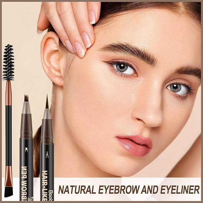 Boobeen 3pcs Waterproof Eyebrow Pen,Dual-Ended Eyeliner Microblading Eyebrow Pencil for Women,Long Lasting Hair-Like Brow Pen with Brow Brush,Dark Brown