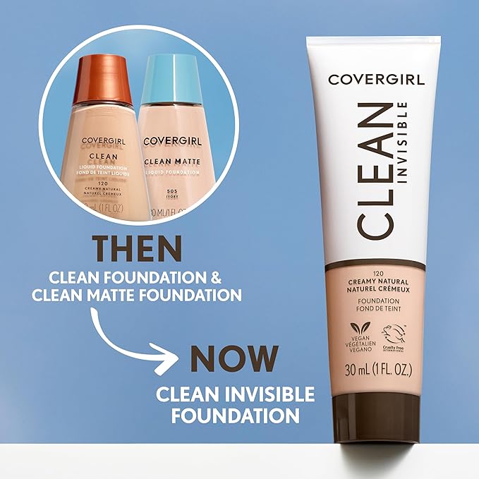 COVERGIRL Clean Invisible Foundation Makeup, Dewy & Glowy Natural Finish, Buildable Coverage, Skin-Like Smooth Look, Vegan, Warm Sun, 1oz