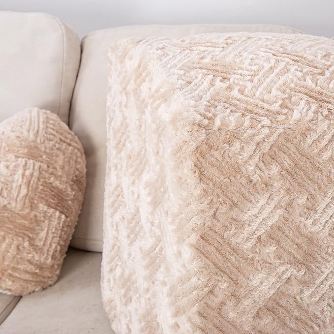 DaDalogy Bedding Champagne Ivory Gold Faux Fur Ottoman Pouf Cover - Nude Neutral Elegant Cozy Soft Pattern with Zipper (Unstuffed) Large 18" x 18" x 18"