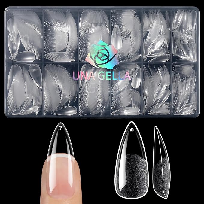 UNA GELLA Medium Stiletto Gel Nail Tips 600Pcs, Medium Stiletto Press on Nails Almond Shape Pre Etched Full Cover Soft Gel Nails Tips for Nail Extensions Christmas Art DIY Salon 12 Sizes at Home