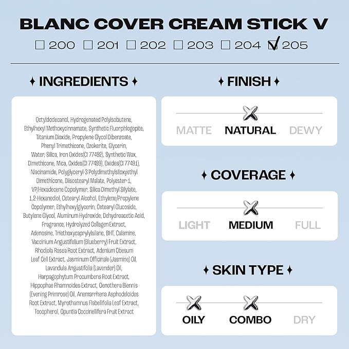 Blanc Cover Cream Stick V White - Korean Color-Changing Foundation Stick with Volufiline - Medium to Full Coverage Dewy Finish Base Makeup - Dual-Ended with Detachable Brush (205 Deep)