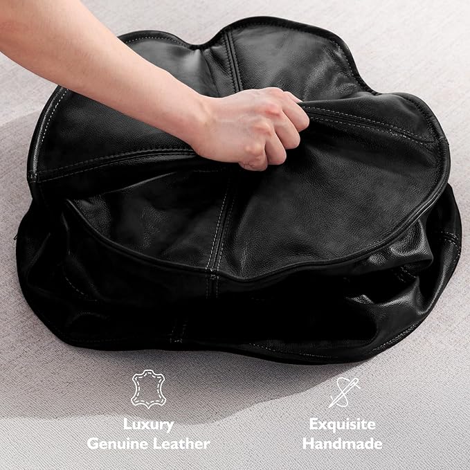 Round Leather Ottoman,Handmade Stuffed Ottoman,Genuine Leather Pouf, Foot Rest Pouf,Comfortable Soft Seating for Living Room & Bedroom (Black, Round)