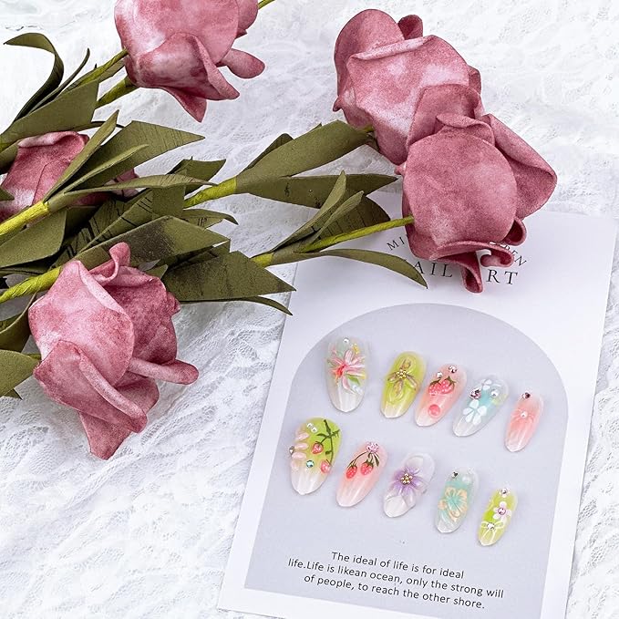 30pcs Flower Press on Nails Medium Almond Fake Nails with 3D Flower Strawberry Designs Handmade False Nails Gold Beads Bow Star Rhinestones Stick on Nails Floral Full Cover Glue on Nails for Women
