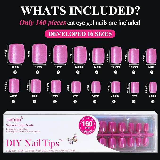 Cat Eye Press on Nails Short - Jofay Fashion Soft Gel False Nails Short Square Fake Nail with Fairy Purple Tamer, Glossy Reusable Full Cover Stick on Nails Kit for Women and Girls, 32 Sizes 160Pcs