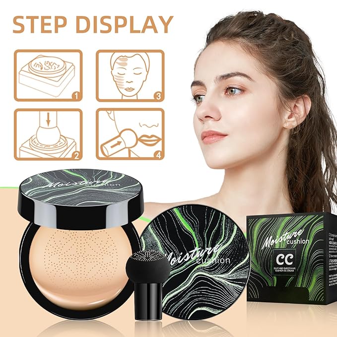 Mushroom Head Air Cushion CC Cream - BB Cream Foundation Makeup Moisturizing Concealer Long-Lasting, Cushion Foundation Full Coverage Self Adjusting for Mature Skin & All Skin Types (Deep)