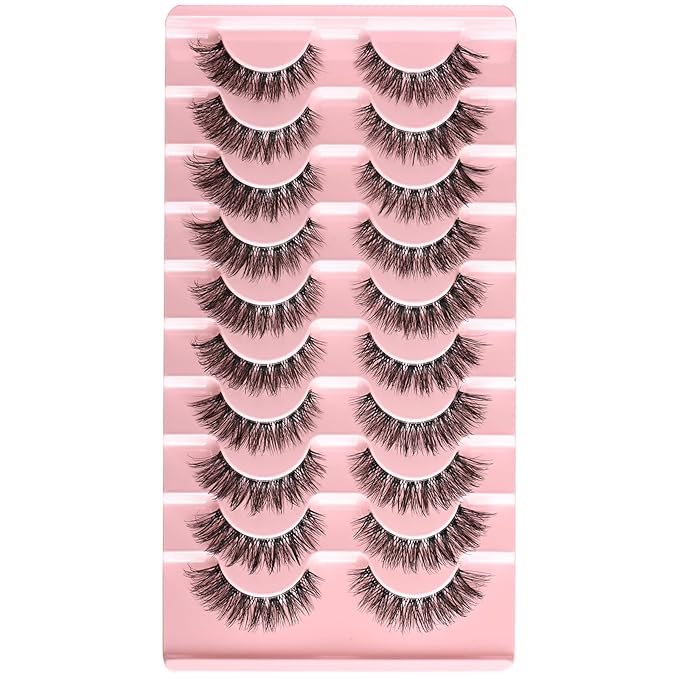 FARRED Cat Eye Lashes Natural Fake Strip Eyelashes Invisible Band Mink Eyelash Strips Wispy Full Volume False Lash Pack 10 Pairs 8-14 mm Short Demi Wispies Pestañas Postizas that Looks Like Extensions