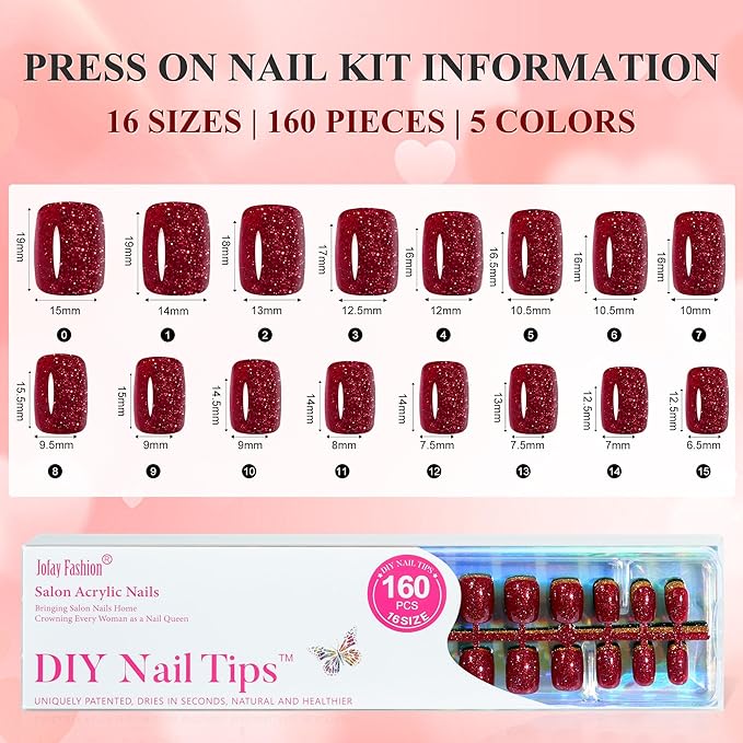 Press on Nails Short 5 Styles, Jofay Fashion 160Pcs Valentines Nails Red Press on Nails, Square Glitter Fake Nails with Designs, Reusable Glossy Acrylic False Nails Glue on for Women 16 Sizes