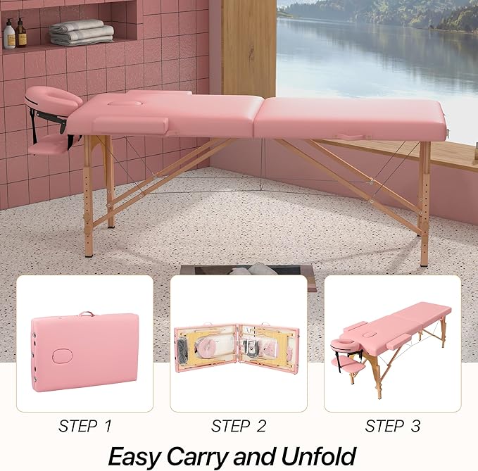 Massage Table Massage Bed, Portable 2 Section Foldable Tattoo Bed, Height Adjustable Lash Spa Bed with Face Cradle, Home Light Weight Facial Salon Bed with with Wood Frame, Light Pink