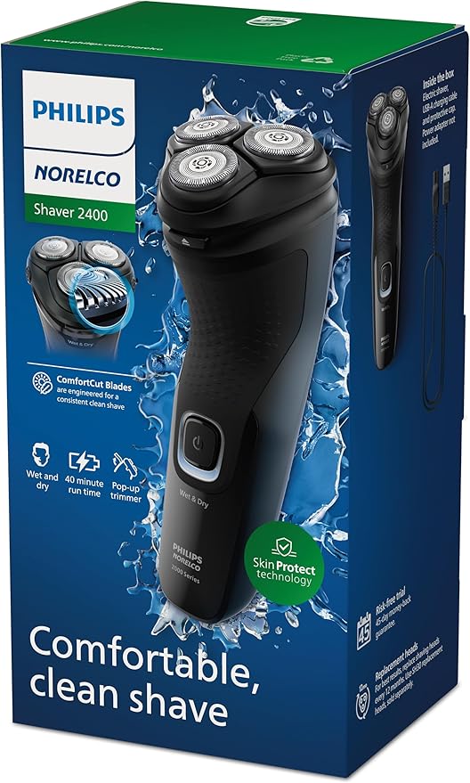 Philips Norelco Shaver 2400 Series, Wet and Dry Electric Shaver, Pop-up Trimmer, P-Cap, Deep Black, Model X3001/90
