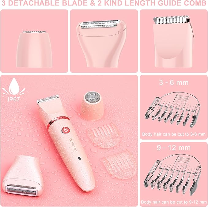 Electric Lady Shaver for Women - Painless Razor, Bikini Trimmer, Facial Hair Removal, Body Trimmer for Face, Legs, Underarm, Pubic - Wet and Dry Flawless 3 in 1