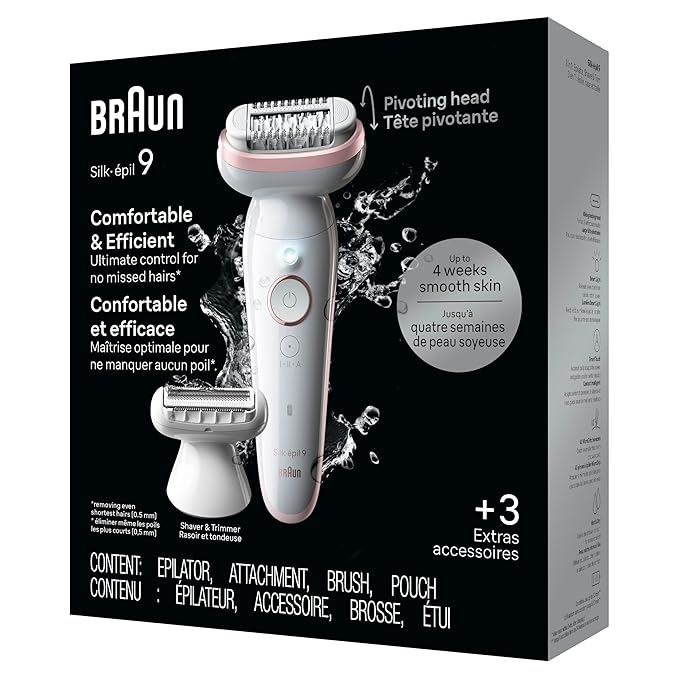 Braun Epilator Silk-épil 9, Hair Removal Device, Women Shaver & Trimmer, Pivoting Head, Wet and Dry Epilator, Includes Shaver Head and Trimmer Comb, SES9-030