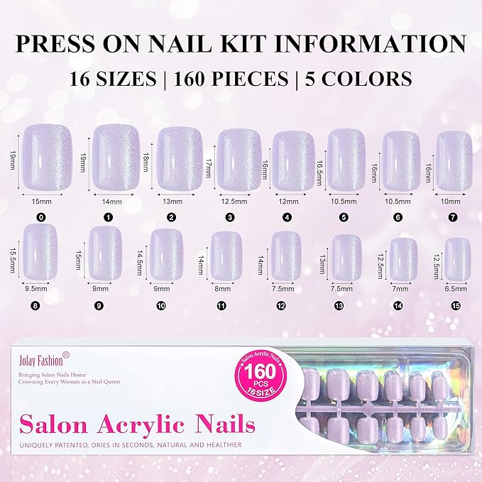 Press on Nails Short 5 Styles, Jofay Fashion 160Pcs Summer Cat Eye Press on Nails for Women, Reusable Opaque Gel Fake Nails, Square Glue On Nails Kit in 16 Sizes, Bubbles