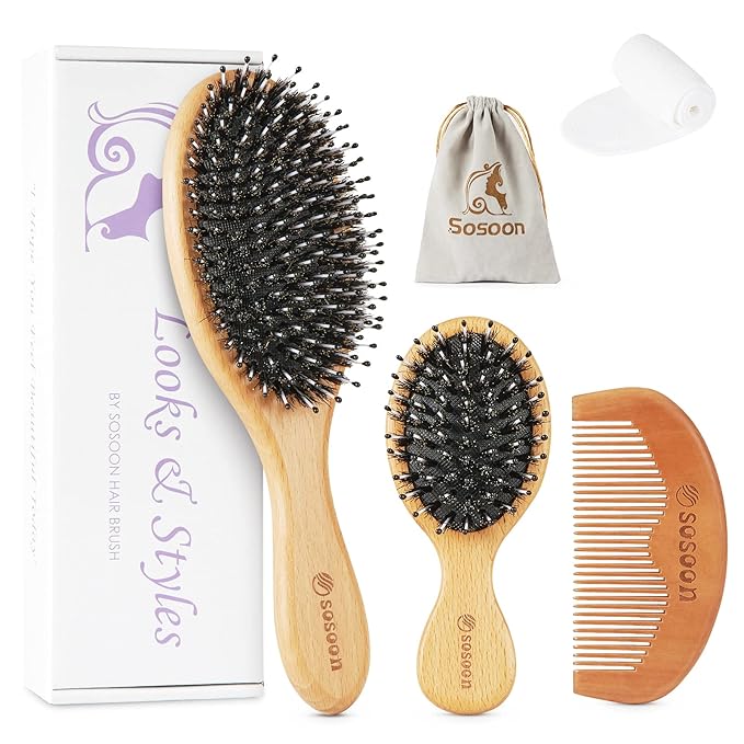 Hair Brush Set - Boar Bristle for Women Men Kids All Hair Types, Detangling & Smoothing, Regular & Small Travel Brush, Wooden Comb, Travel Bag, Spa Headband, Cleaner Included