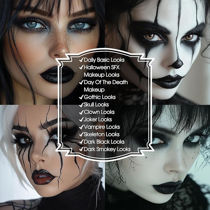 BOBISUKA Eyeshadow + Lipstick Makeup Kit, 6 Colors Dark Black White Silver Gray Shimmer Matte Metallic Smokey Eye Shadow Pallet with Black Matte Liquid Lipstick Makeup Set for Halloween