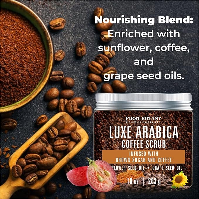 First Botany Body Scrub - Natural Exfoliating Sugar Scrub & Body and Face Souffle helps with Moisturizing Skin, Acne, Cellulite, Dead Skin Scars, Wrinkles (10 fl oz, Brown Sugar + Coffee)