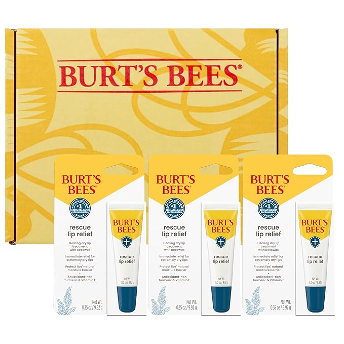Burt's Bees Lip Balm Stocking Stuffers, Moisturizing Lip Care Christmas Gifts, Rescue Relief - Relieves Extremely Dry Lips with Moisturizing Shea Butter & Echinacea, Natural Origin Treatment (3-Pack)