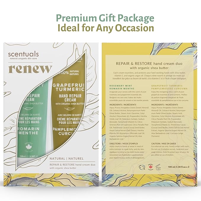 Hand Cream Set of 2, with Shea Butter, Cocoa Butter, Argan & Almond oil, Moisturizing Dry Hands. Rosemary Mint + Grapefruit Turmeric (100ml x 2/3.38 fl.oz x 2)