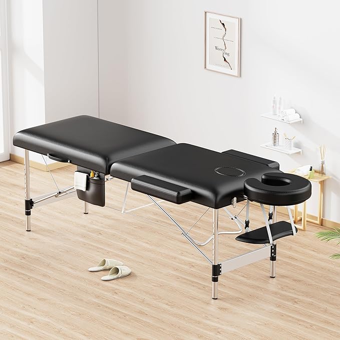 Brelley Massage Table Portable, 2-Fold Lash Bed with Side Pocket, Adjustable Height, Sturdy Aluminum Frame, Esthetician Spa Facial Tattoo Bed with Face Cradle & Carrying Bag, Black