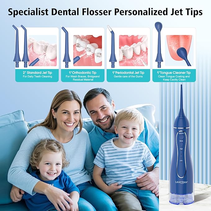 Leominor Water Dental Flosser Pick for Teeth, 300ML Portable Oral Irrigator Upgraded Tank Removable,IPX7 Waterproof, Rechargeable Travel Teeth Cleaner, Professional Electric Flossing(Dark Blue)