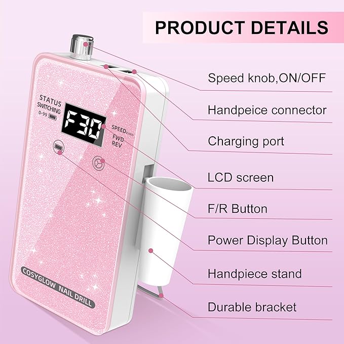 Professional Electric Nail Drill File:COSYGLOW Glitter Portable Cordless E-File Nail Drill Kit with 11 Drill Bits,30000 RPM Rechargeable Nail Drills Machine for Acrylic Nails Gel Polishing (Pink)