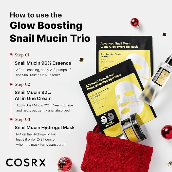 COSRX Snail Mucin Limited Holiday Gift Set with Snail Mucin Repairing Serum, Moisturizer & Collagen Face Mask, Korean Skin Care Set, Stocking stuffers, Self Care Gifts, Amazon Exclusive