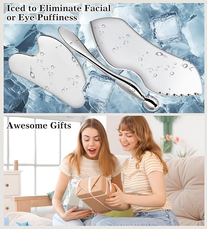 Gua Sha Facial Tools, 3 in 1 Stainless Steel Metal Guasha & Eye Cream Applicator Facial Sculpting Tool Set Eye Massager Lymphatic Drainage for Face Neck (Gift Box Set)(Boxed 2, Count, 3)