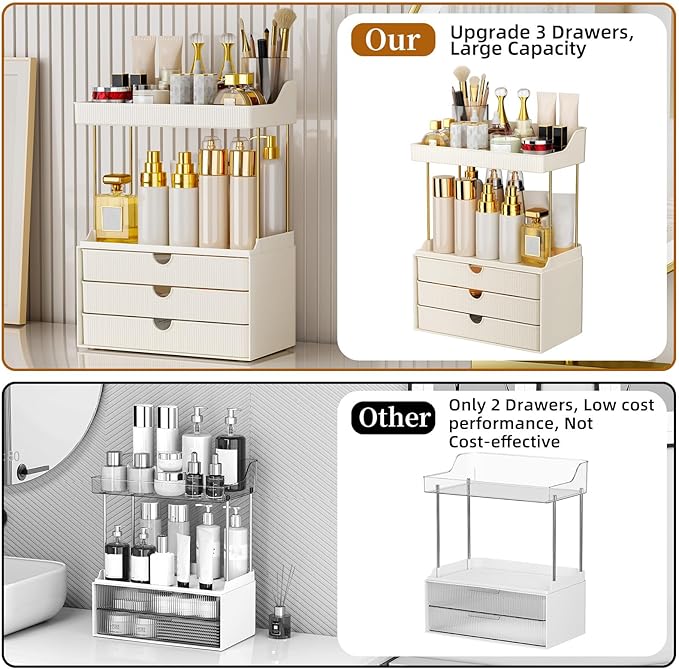 3 Drawers Bathroom Counter Organizer - 5 Tier Makeup Organizer, Versatile Perfume Organizer, Ideal for Bathroom Storage, Vanity, Large Skincare, Perfume, Present, Cream White