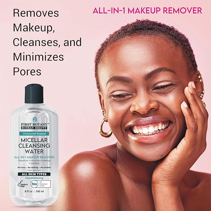 Korean Micellar Water Makeup Remover - Charcoal Hydrating Toner and Cleanser, Pore Cleansing,Oil-Free, Gentle for All Skin Types 8 oz,