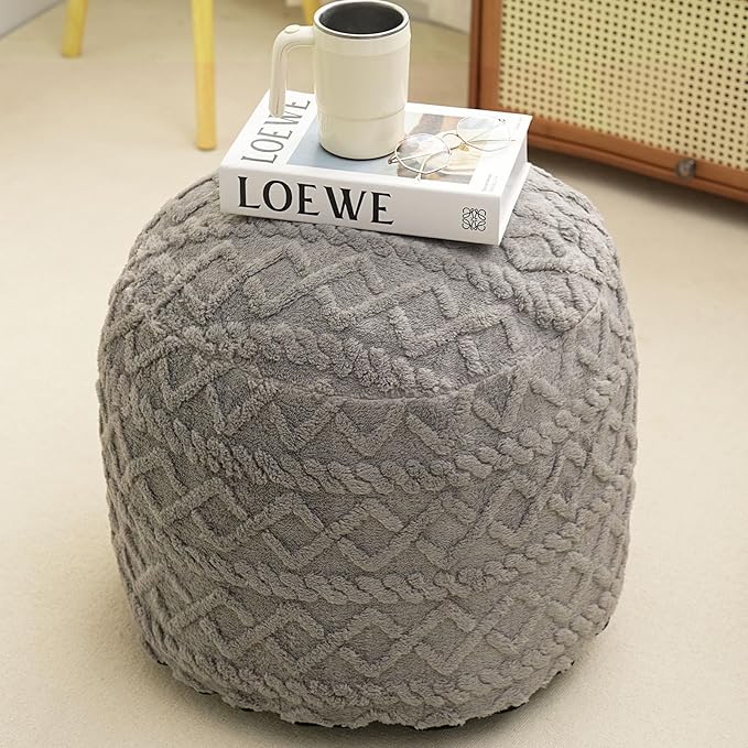 Round Stuffed Pouf Ottoman for Foot Rest, Faux Fur Poufs with Foam Chunk Filling, Storage Ottoman Pouf Foot Stool Cushion, 20 X 15 InchFloor Poufs Foot Rest for Living Room Bedroom Home Decor (Grey)