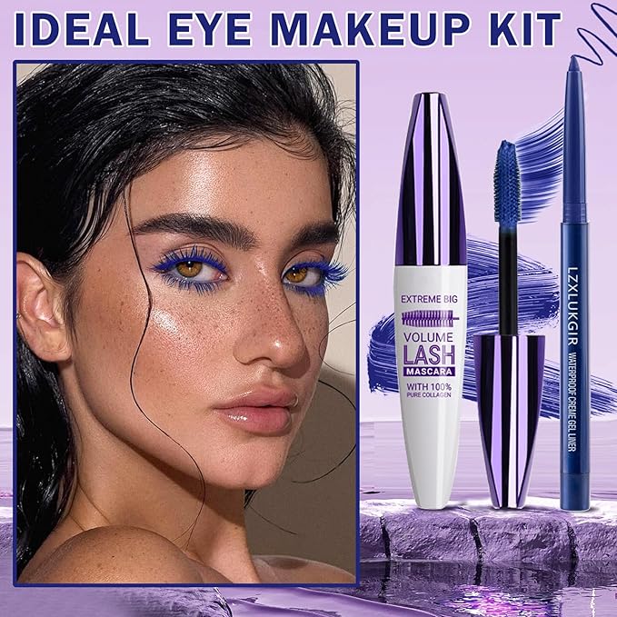 Blue Mascara and Eyeliner Set,Natural Curling Blue Mascara for Eyelashes,Volumizing Lengthening máscara de pestañas Waterproof,5D Colored Eye Makeup