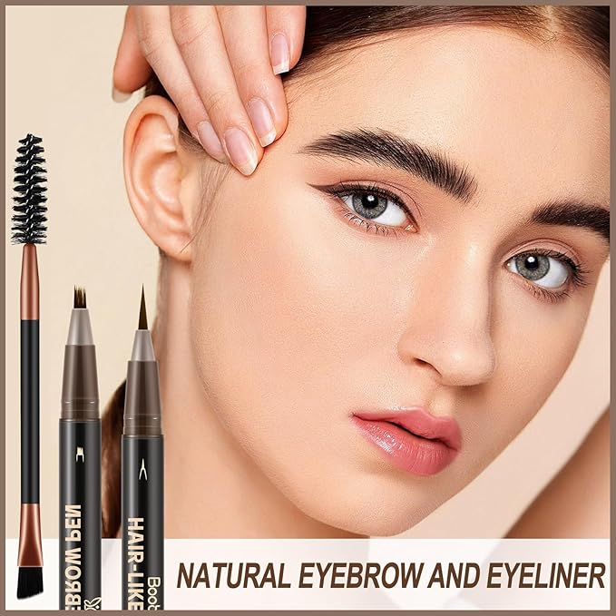 Boobeen 3pcs Waterproof Eyebrow Pen,Dual-Ended Eyeliner Microblading Eyebrow Pencil for Women,Long Lasting Hair-Like Brow Pen with Brow Brush,Dark Brown